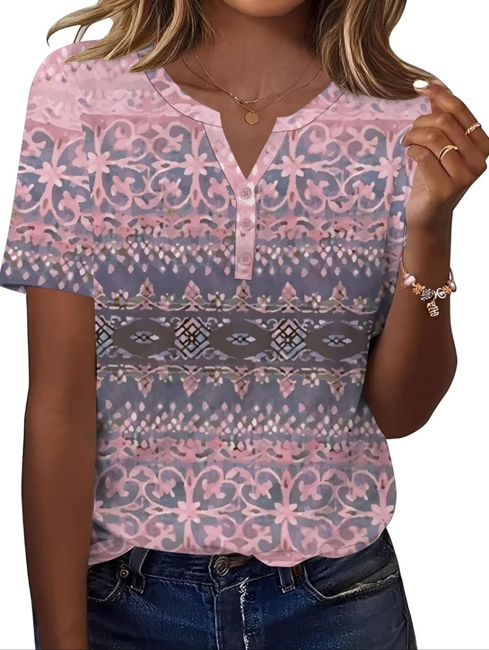 Casual Pink Patterned Short Sleeve Henley Top